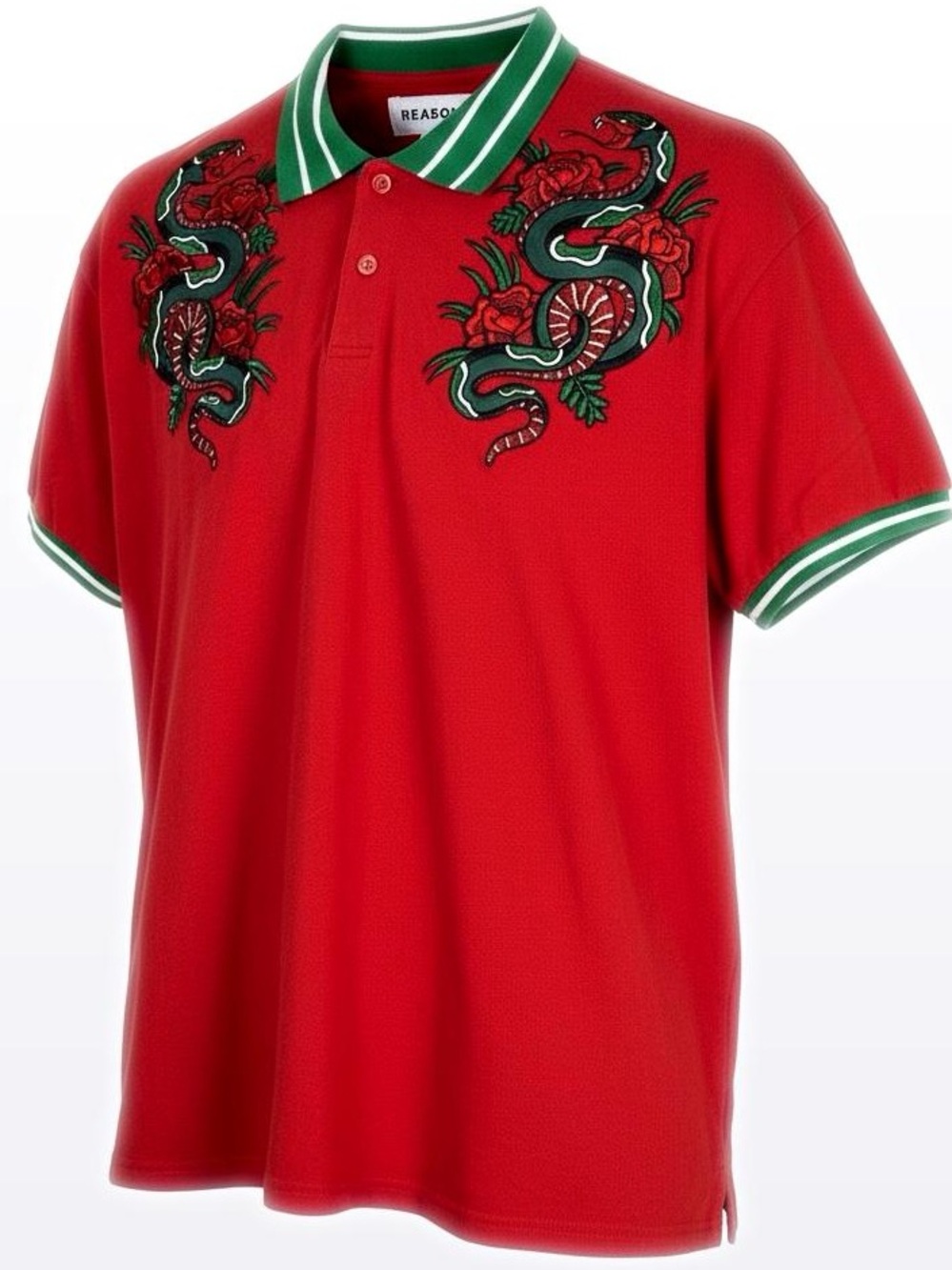 Reason Red Polo with Green Trim and Embroidered Snake Motif